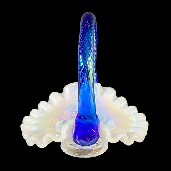Vintage Fenton Mini Basket Grape & Vine Ruffled Opalescent w/Iridescent Handle - Picture 7 of 14